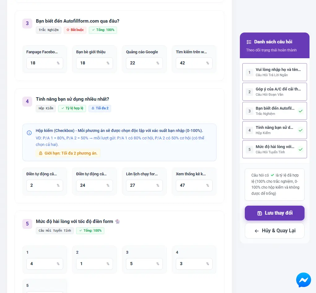 Trang cấu hình tỷ lệ câu trả lời thật trên AutoFillForm