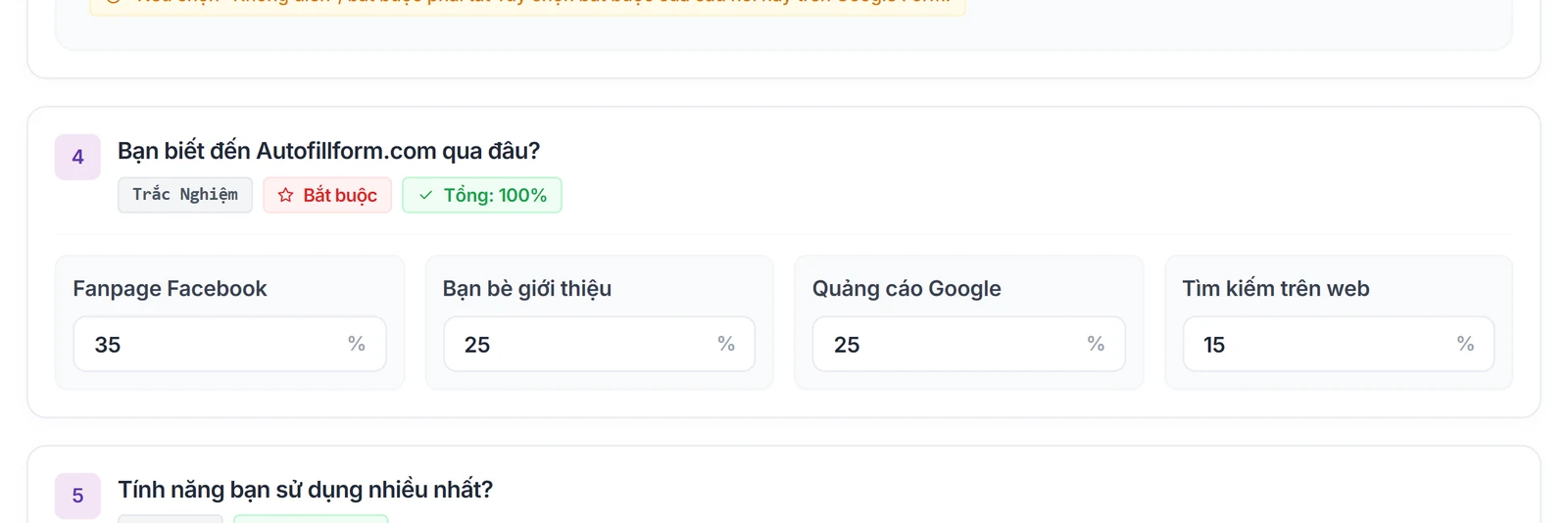 Setting a percentage for each level of a question
