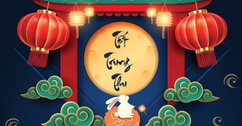 Background tết trung thu với hình mặt trăng và đèn lồng