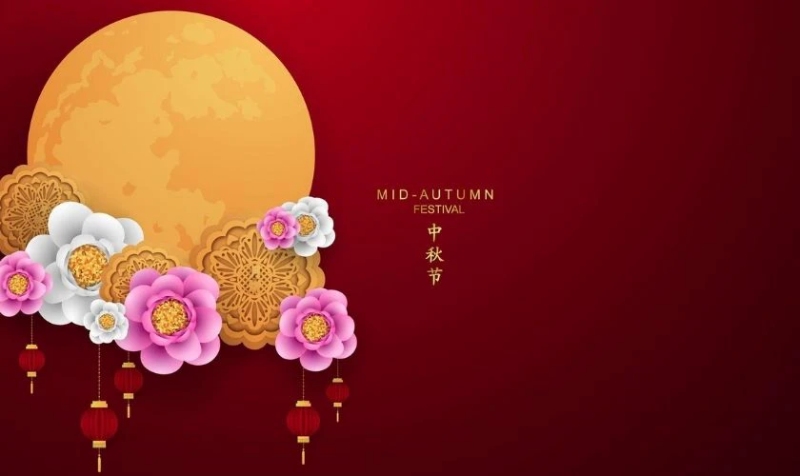 Background tết trung thu nền màu đỏ với hình mặt trăng và bông hoa hồng