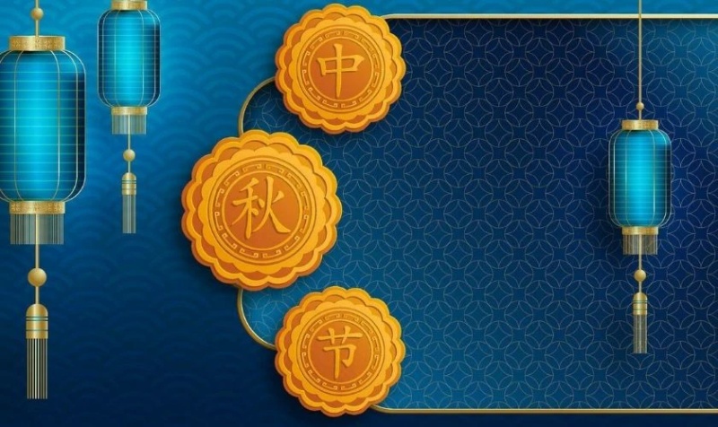 Background tết trung thu với biểu tượng bánh trung thu cùng đèn lồng