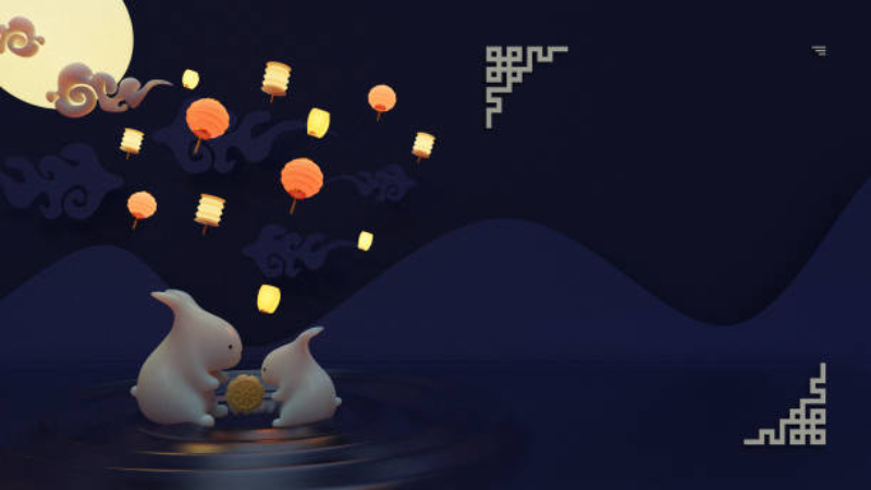 Background tết trung thu với hình ảnh thỏ con ăn bánh