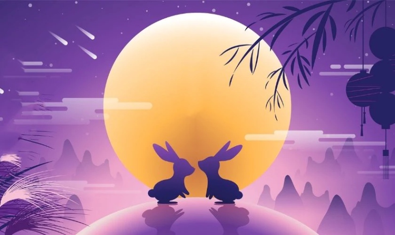 Background tết trung thu với hình mặt trăng và đôi thỏ con