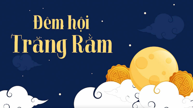 Đêm hội trăng rằm nổi bật với hình mặt trăng và bánh trung thu