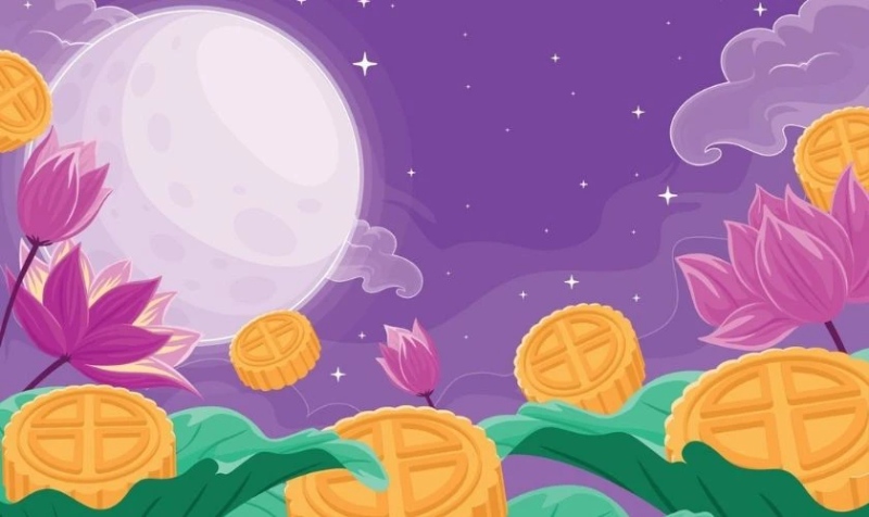 Background tết trung thu với biểu tượng bánh trung thu và trăng