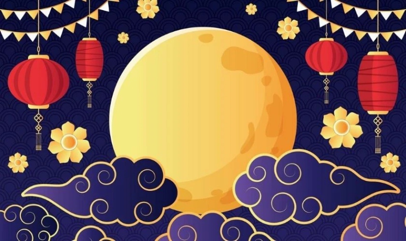Background tết trung thu hình mặt trăng, đèn lồng đỏ và hoa trang trí