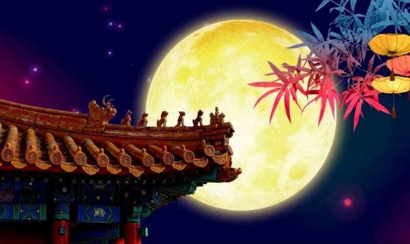 Background tết trung thu với hình ảnh mặt trăng vàng chiếu sáng