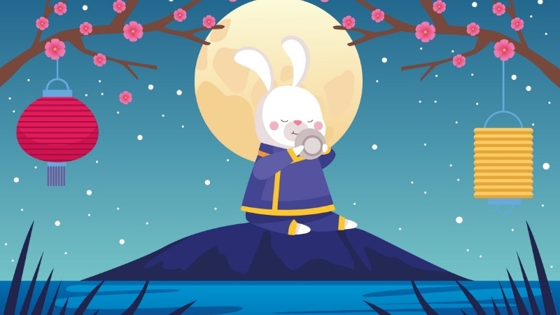Background tết trung thu hình ảnh con thỏ ngồi bên cạnh bờ sông