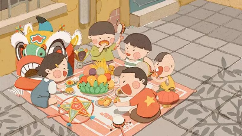 Trẻ em phá cỗ Trung thu ngoài sân