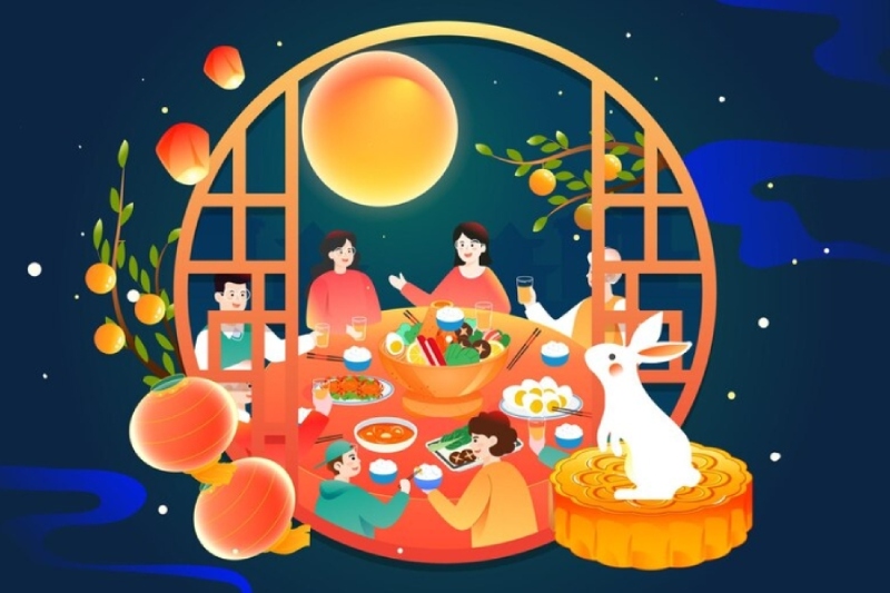 Gia đình sum họp ăn cỗ đêm Trung thu