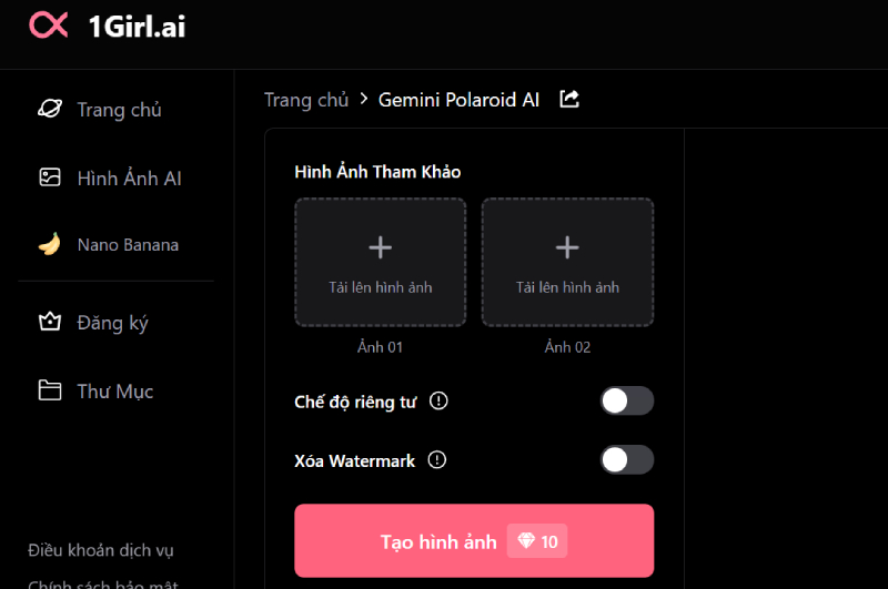 Giao diện khi truy cập vào Gemini Polaroid AI