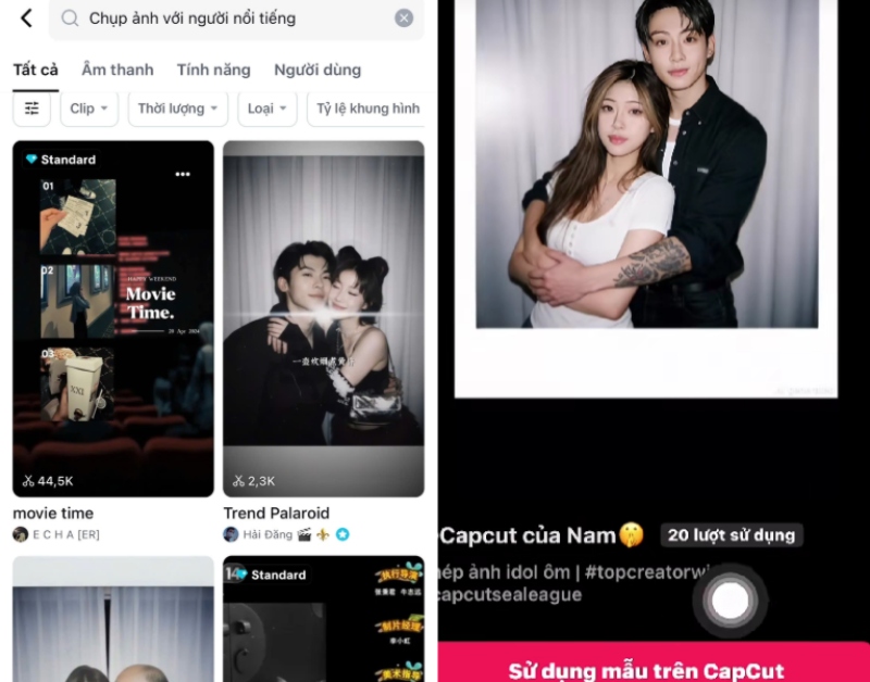 Tìm kiếm mẫu "chụp ảnh với người nổi tiếng" trên capcut