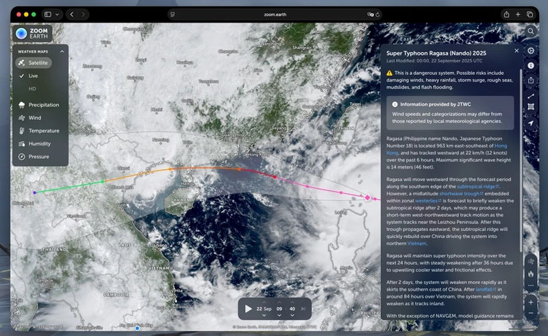 Dùng ứng dụng Zoom Earth để theo dõi diễn biến siêu bão Ragasa