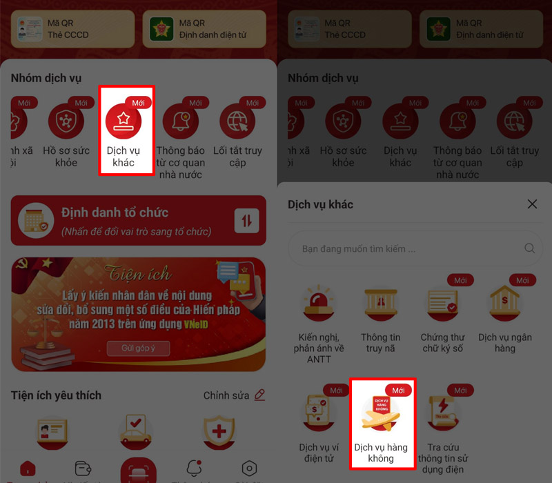 Chọn mục Dịch vụ hàng không