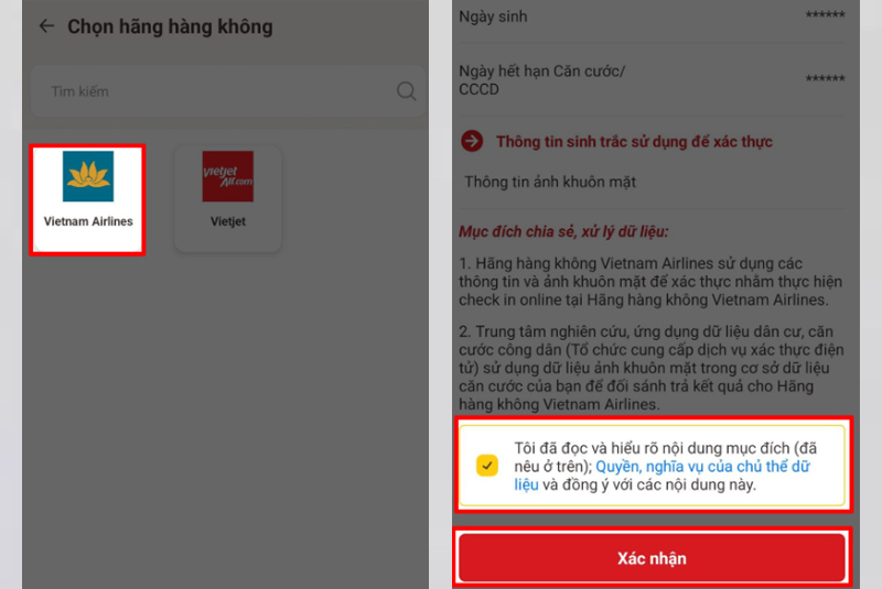 Nhấn Xác nhận để chia sẻ thông tin tài khoản VNeID