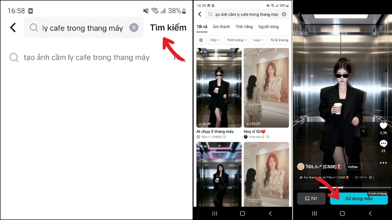 Tìm kiếm mẫu trend tạo ảnh cầm ly cafe trong thang máy trên CapCut
