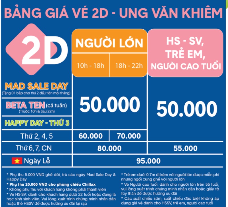 tham khảo giá vé 2D chi tiết