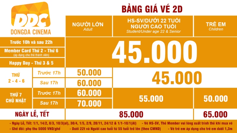 tham khảo bảng giá vé tại rạp