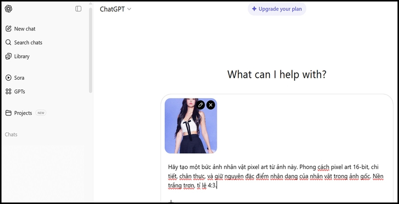 Truy cập ChatGPT và nhập mô tả yêu cầu tạo nhân vật Pixel