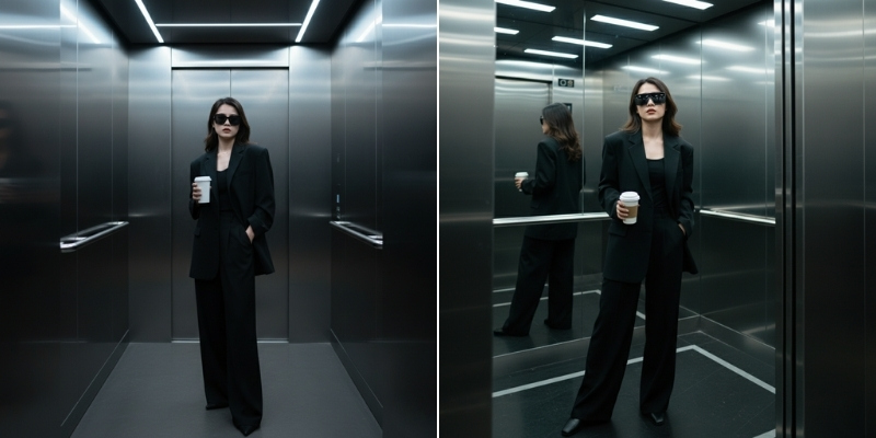 Chủ thể cầm ly cafe trong thang máy có mang kính đen