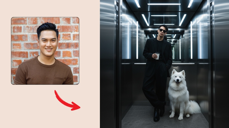 Chủ thể cầm ly cafe trong thang máy bên cạnh chú chó