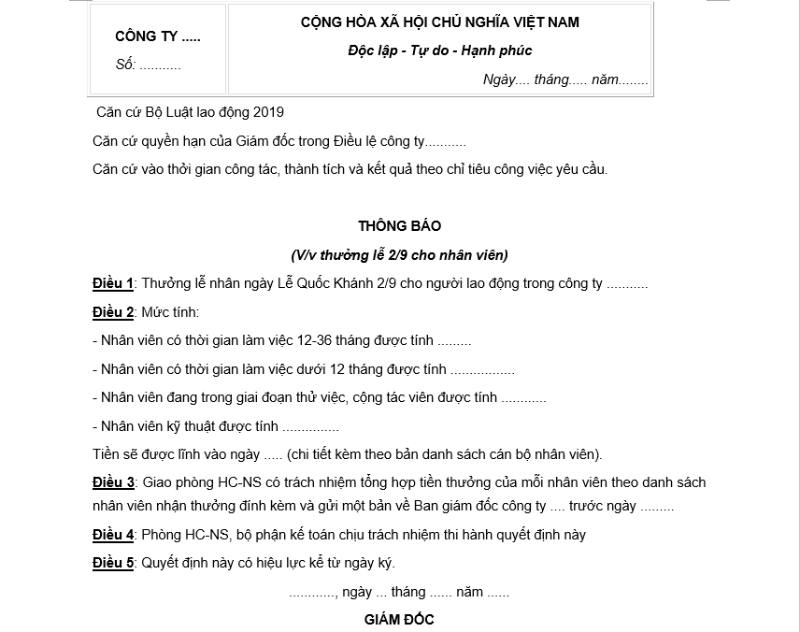 Thông báo thưởng lễ 2/9 cho công ty TNHH