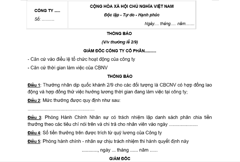 Mẫu thông báo thưởng lễ cho công ty cổ phần
