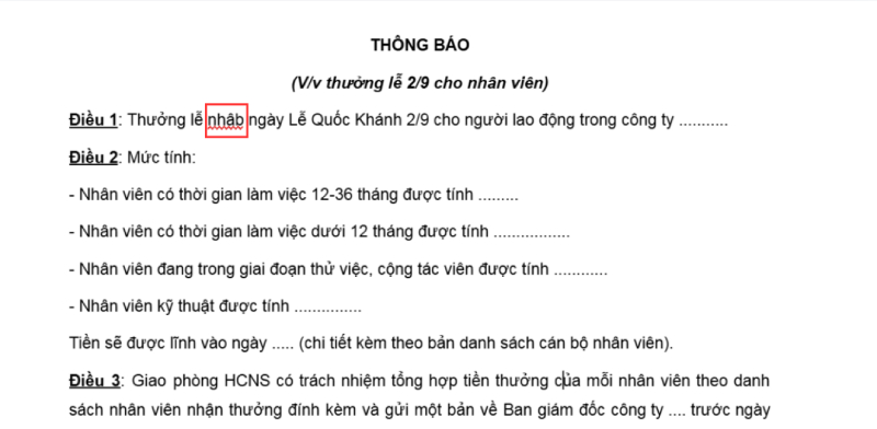 Mẫu văn bản sai chính tả