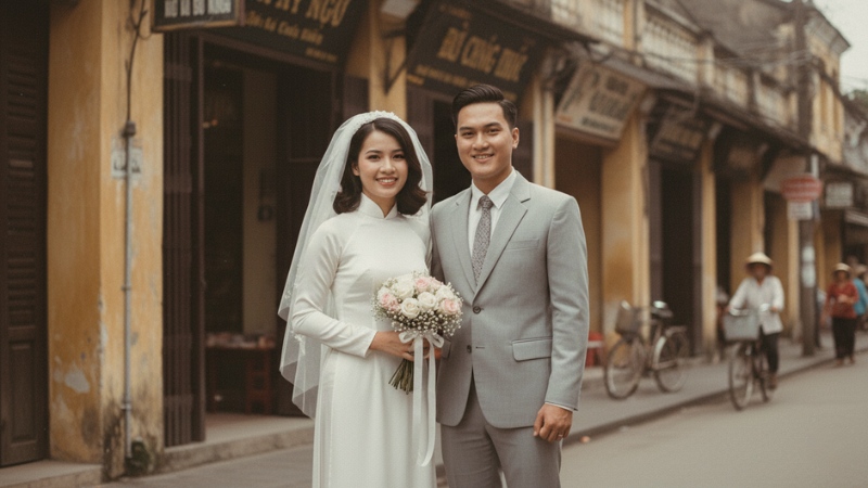 Ảnh cưới tạo bằng AI theo phong cách truyền thống Việt Nam