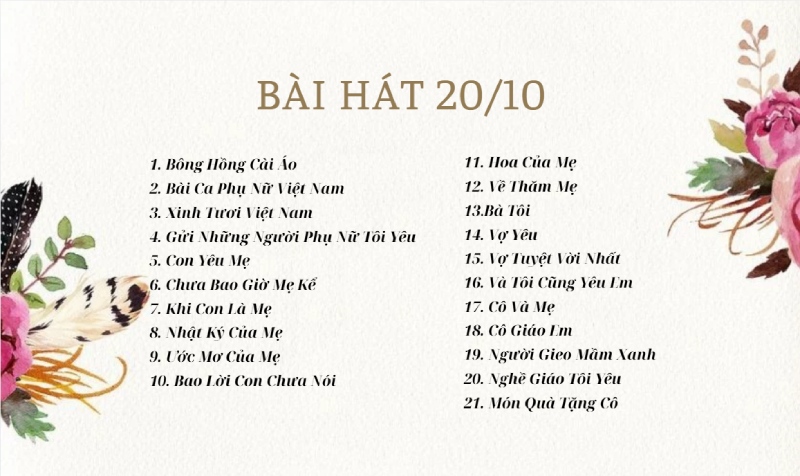 Danh sách 21 bài hát 20/10 ý nghĩa tặng mẹ, cô, bà và vợ