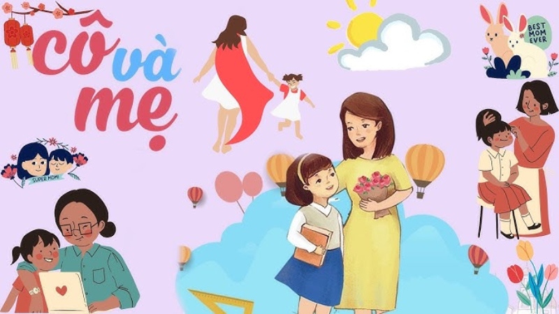 Tranh minh họa cô giáo và mẹ cùng bé gái trong ngày 20/10