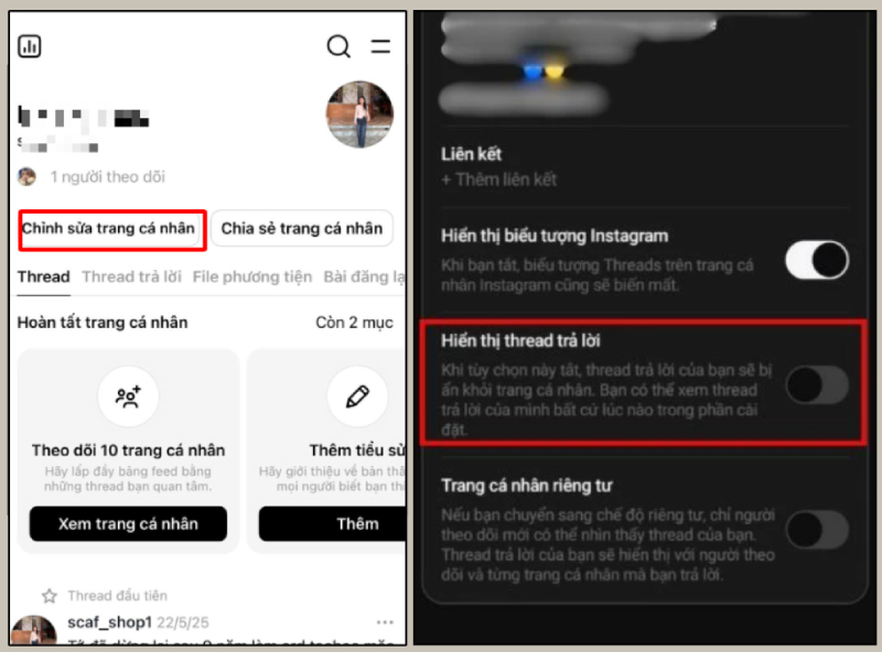 Nhấn Chỉnh sửa trang cá nhân và gạt tắt hiển thị Threads trả lời