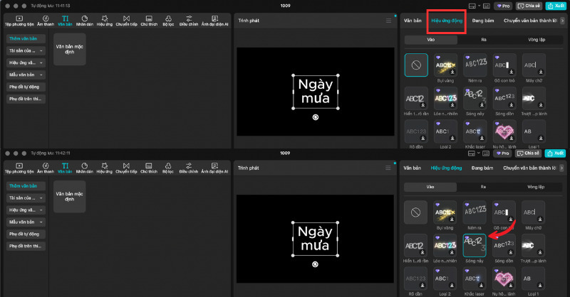 Chọn Hiệu ứng động của chữ trên màn hình