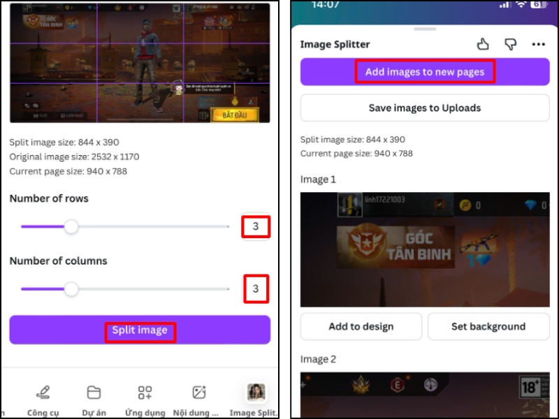 Nhập số hàng, số cột cần cắt và nhấn split image