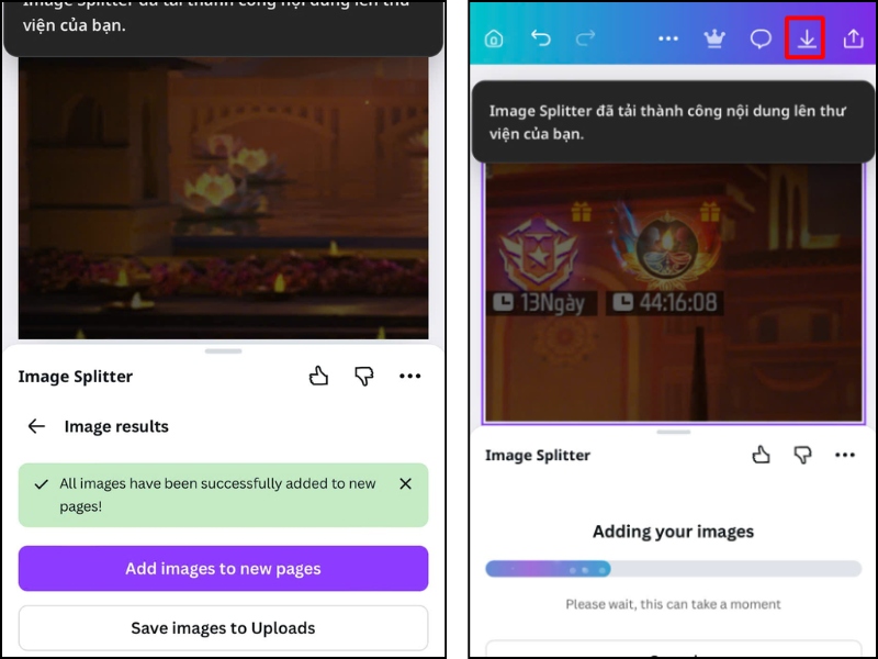 Bấm biểu tượng tải xuống để lưu từng ảnh đã cắt