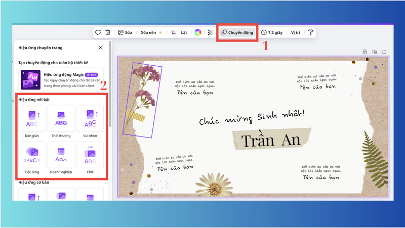 Chọn hiệu ứng xuất hiện của các lớp