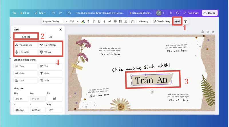 Sử dụng tab Sắp xếp trong Canva để thay đổi vị trí