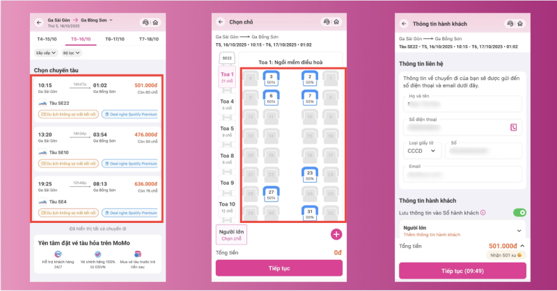 Chọn chuyến tàu, chỗ ngồi và hoàn tất điền thông tin cá nhân