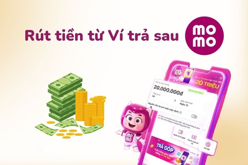 Minh họa rút tiền từ ví trả sau MoMo với biểu tượng MoMo và tiền mặt