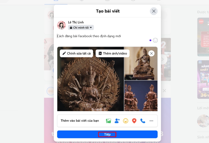Thêm hình ảnh cho bài viết và nhấn tiếp