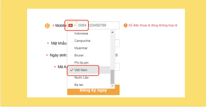 Chọn mã vùng Việt Nam khi đăng ký tài khoản Weibo