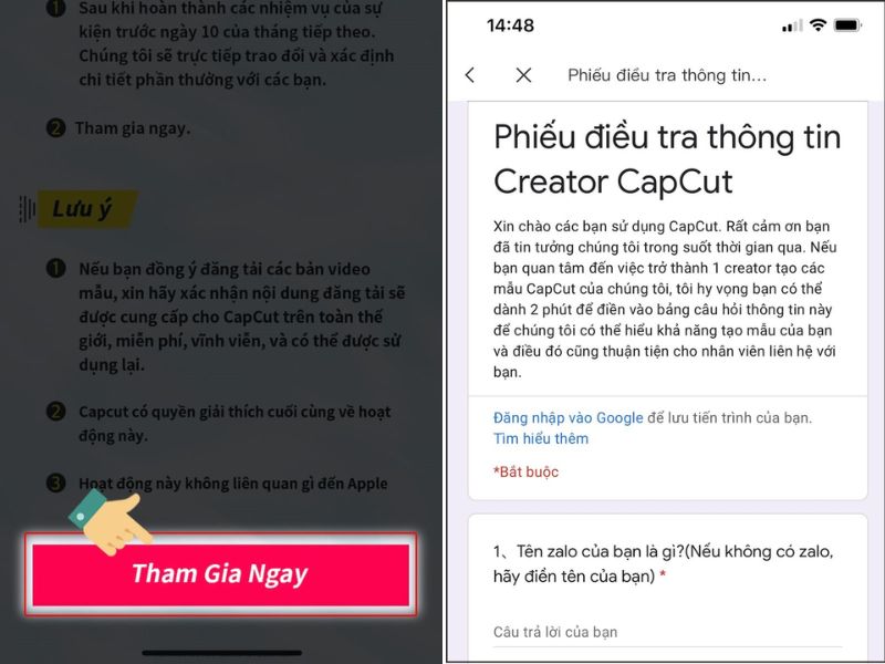 Nhấn “Tham gia ngay” để đăng ký chương trình Creator CapCut