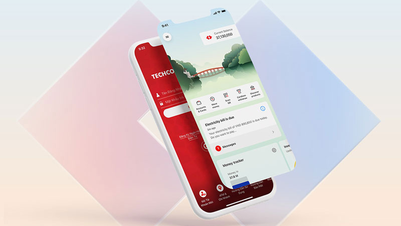 Giao diện ứng dụng Techcombank Mobile hiển thị tài khoản và số dư