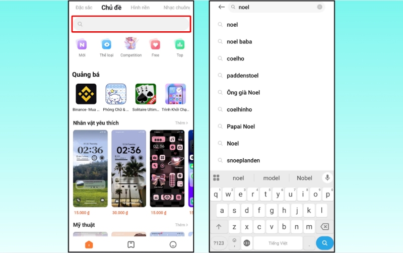 Tìm kiếm chủ đề Noel trong ứng dụng