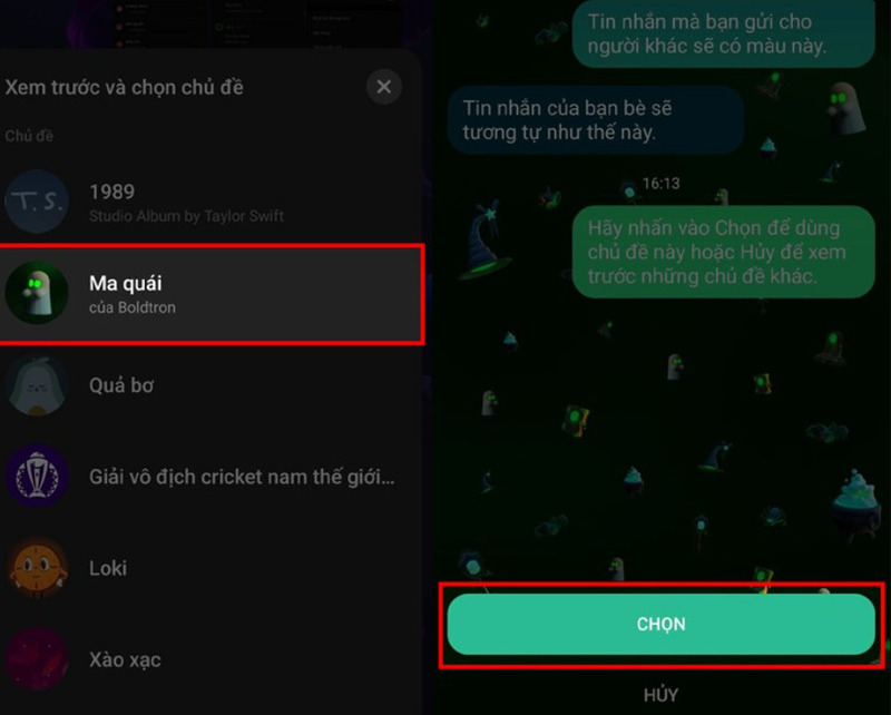 Tìm chủ đề “Ma quái” và nhấn “Chọn” để thay đổi
