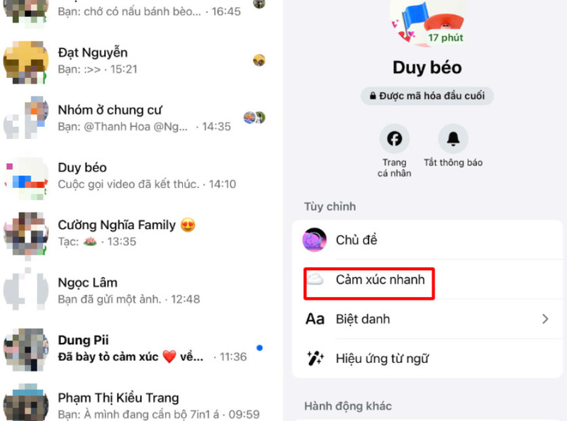 Nhấn chọn vào “Cảm xúc nhanh” để chọn lại icon yêu thích