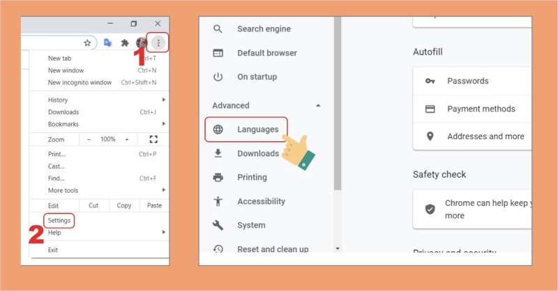 Mở phần cài đặt ngôn ngữ trong trình duyệt Google Chrome