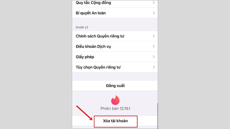 Màn hình cài đặt Tinder với tùy chọn xóa tài khoản được tô đỏ