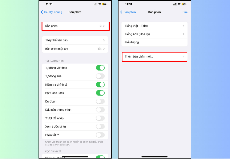Chọn mục Bàn phím và thêm bàn phím mới trên iPhone