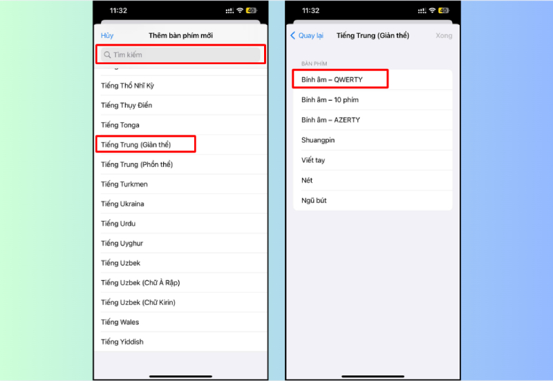 Thêm bàn phím tiếng Trung giản thể và chọn kiểu Bình âm QWERTY